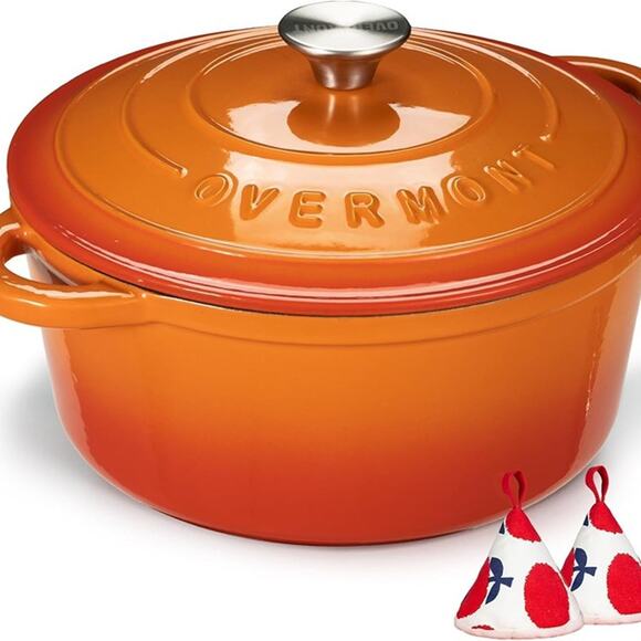 Overmont Enameled Cast Iron Dutch Oven - 5.5QT Pot with Lid Cookbook -Pumpkin - Picture 2 of 7